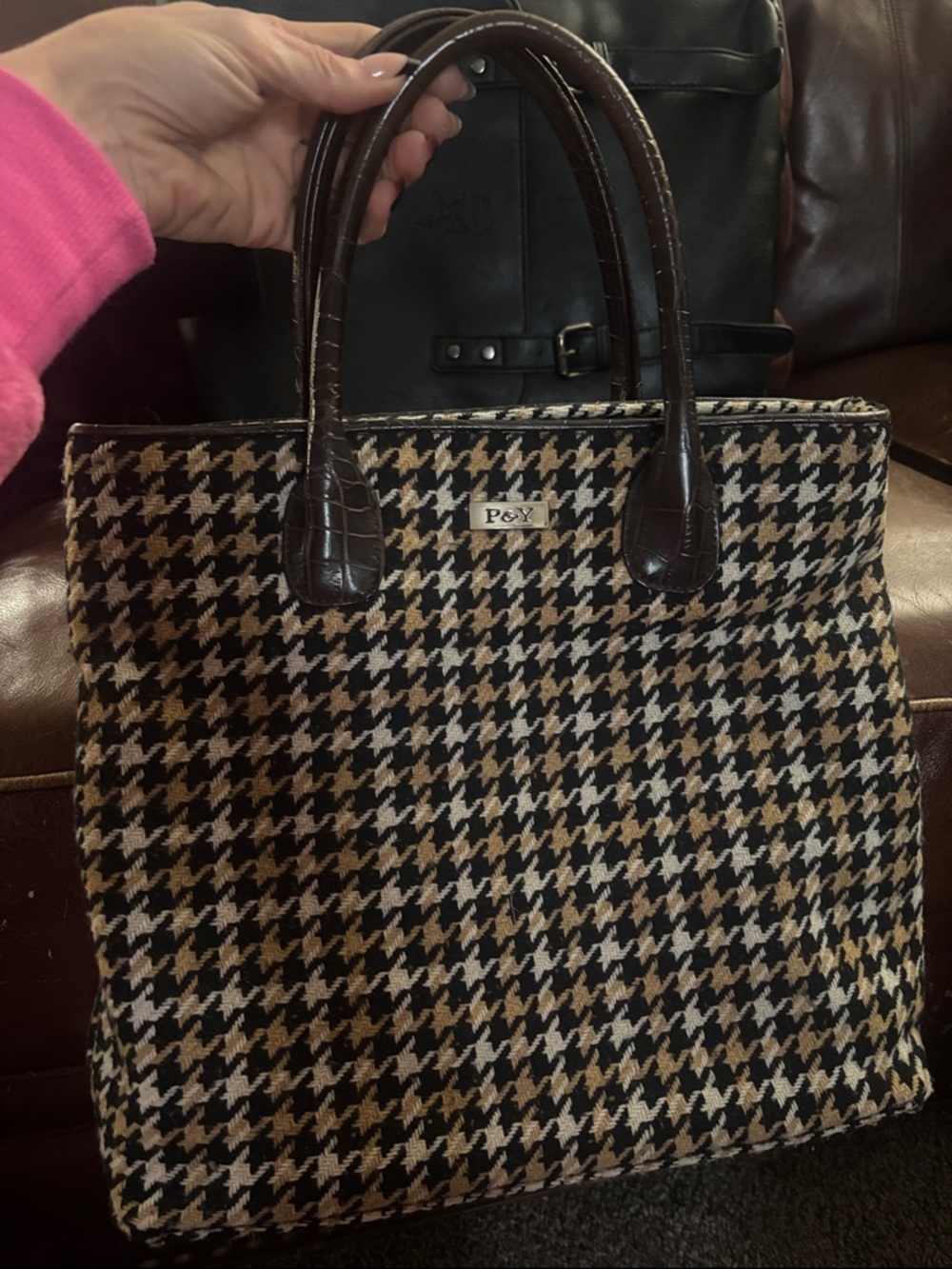 Preston & York Brown Black Tan Houndstooth Tote with Croc-Embossed Trim